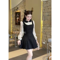 Thumbnail Váy Dạ Tweed Dáng Ngắn Phối Voan Tơ  LECOONG V696 Đầm ĐẹpTiểu Thư Màu Be Đen Xanh Đỏ 4