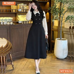 Thumbnail Đầm thiết kế BEMINE cổ đức dáng chữ A tay dài phối voan có cúc phù hợp đi làm, đi chơi-MT9924 2