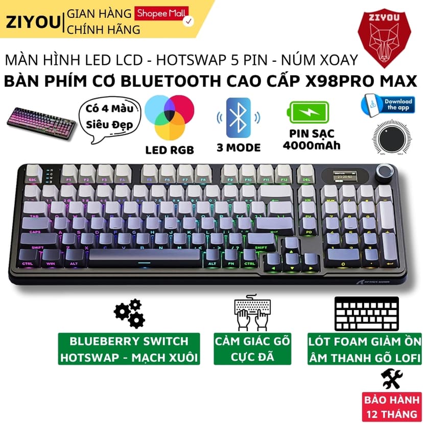 Ảnh Bàn Phím Cơ Máy Tính Không Dây Ziyou Attack Shark X98 PRO MAX 3 Mode, Màn Hình LCD, LED RGB 1