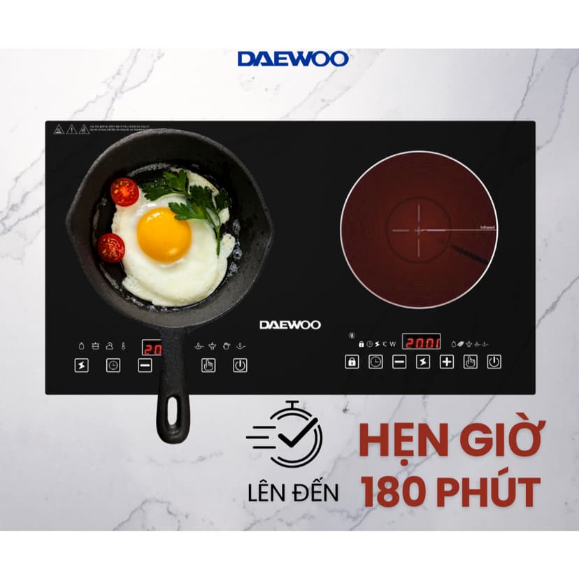 Ảnh Bếp Đôi Điện Từ Hồng Ngoại Daewoo DWHB-3801C, mặt kính pha lê bóng 3800W 3