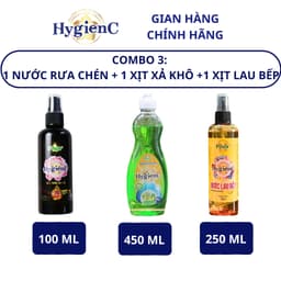 Thumbnail Combo 3: 1 Chai Xịt Vải Khô 100ml + 1 Chai Nước Rửa Chén 400ml + 1 Chai Xịt Lau Bếp 250ml HygienC Plus 1