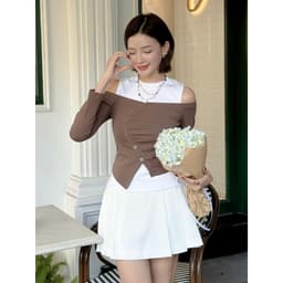 Thumbnail Áo Kiểu Trễ Vai Phối Hai Items Tay Dài Cổ Tròn Cut out Chất Thun Bozip BBSTORE'S  -A4192Q 4