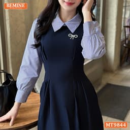 Thumbnail Đầm thiết kế BEMINE cổ đức dáng dài xếp ly eo tay dài phối sơ mi kẻ phù hợp đi làm, đi chơi-MT9844 2