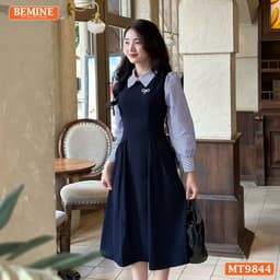 Thumbnail Đầm thiết kế BEMINE cổ đức dáng dài xếp ly eo tay dài phối sơ mi kẻ phù hợp đi làm, đi chơi-MT9844 1