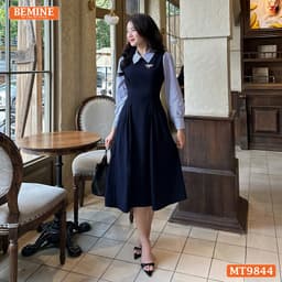 Thumbnail Đầm thiết kế BEMINE cổ đức dáng dài xếp ly eo tay dài phối sơ mi kẻ phù hợp đi làm, đi chơi-MT9844 3