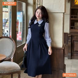 Thumbnail Đầm thiết kế BEMINE cổ đức dáng dài xếp ly eo tay dài phối sơ mi kẻ phù hợp đi làm, đi chơi-MT9844 4