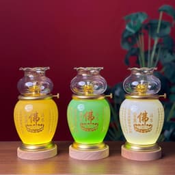 Thumbnail Đèn Dầu Tâm Kinh Chữ Phật, Bình Ngọc Cao 15 - 19cm, Màu Trắng, Xanh, Vàng, Tặng Đèn Chiếu Sáng - Tuệ Nga 1