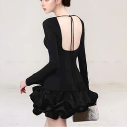 Thumbnail Đầm ôm body dài tay MINA thiết kế hở lưng chất Cotton Nhật phối Taffta màu đen - MN299 4