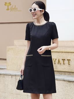 Thumbnail Đầm suông A bigsize cao cấp TIFALU  Zol325BLK màu đen viền da thanh lịch 4