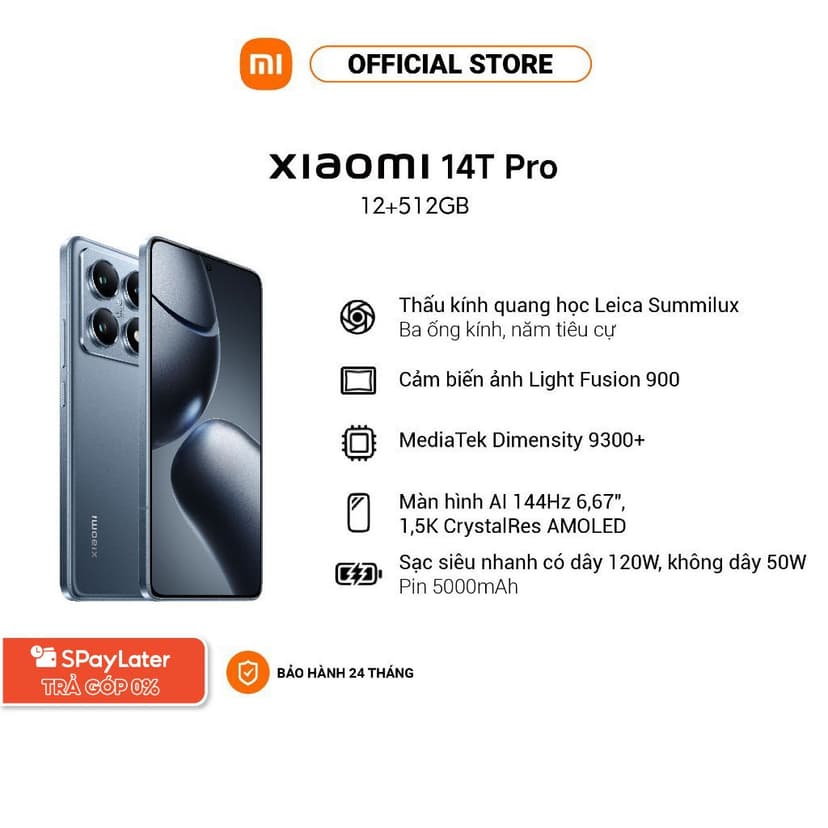 Ảnh [NHẬP MÃ XM500 GIẢM 500K] Điện thoại thông minh Xiaomi 14T Pro (12+512GB) | Light Fusion 900 | MD 9300+ | Pin 5000mAh 1