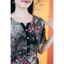 Thumbnail Đầm suông - Cổ tròn khoét V kết nút tay ngắn - Xám hoa - TTV Store thời trang nữ TTV1764 1