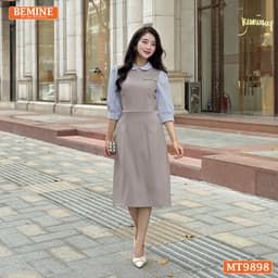 Thumbnail Đầm thiết kế BEMINE cổ sen dáng bút chì tay dài phối sọc phù hợp đi làm, đi dạo phố-MT9898 2
