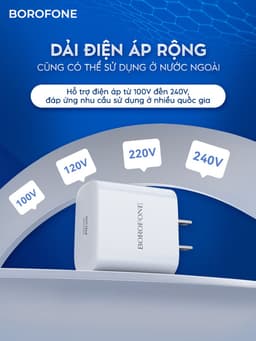 Thumbnail Sạc nhanh PD 20W Borofone BAS13 BA81 dây dài 1 mét hỗ trợ dòng sạc nhanh 9V 2.2A 2