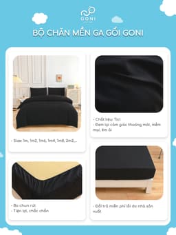 Thumbnail Bộ chăn mền ga gối GONI CHILL màu Đen Trơn - Ga drap giường bo chun cao 4-25cm kích thước 1m, 1m2 ,1m4, 1m6, 1m8, 2m2 4