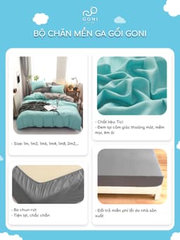 Thumbnail Bộ chăn mền ga gối GONI CHILL màu Xanh Xám - Ga drap giường bo chun cao 4-25cm kích thước 1m, 1m2 ,1m4, 1m6, 1m8, 2m2 4