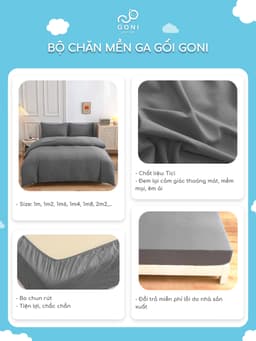 Thumbnail Bộ chăn mền ga gối GONI CHILL màu Xám Trơn - Ga drap giường bo chun cao 4-25cm kích thước 1m, 1m2 ,1m4, 1m6, 1m8, 2m2 3