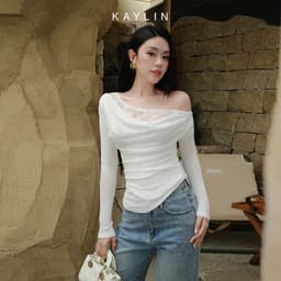 Thumbnail Áo kiểu KAYLIN tay dài lệch vai phối ren chất vải lụa thun mỏng nhẹ phong cách gợi cảm - N2363 1