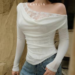 Thumbnail Áo kiểu KAYLIN tay dài lệch vai phối ren chất vải lụa thun mỏng nhẹ phong cách gợi cảm - N2363 3