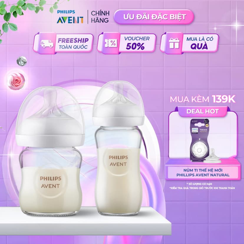 Ảnh Bình Sữa Philips Avent Natural Thủy Tinh Mô Phỏng Tự Nhiên Cao Cấp Cho Bé, Chống Đầy Hơi Sặc Sữa 1