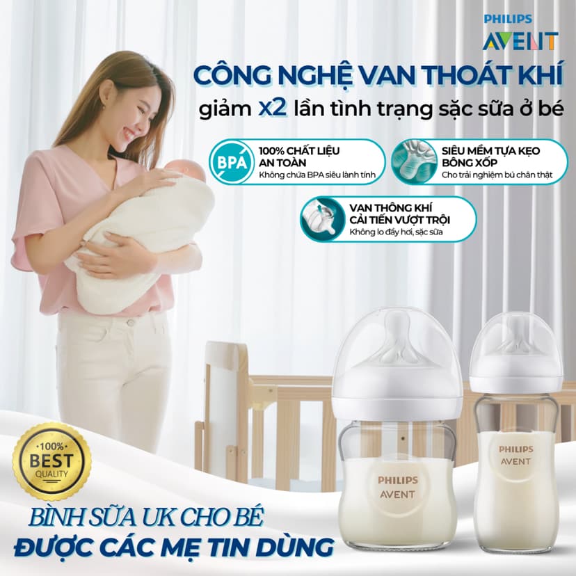Ảnh Bình Sữa Philips Avent Natural Thủy Tinh Mô Phỏng Tự Nhiên Cao Cấp Cho Bé, Chống Đầy Hơi Sặc Sữa 240ml 1