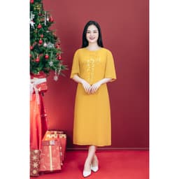 Thumbnail Đầm suông Trung Niên Cho Mẹ - Cổ tròn thêu hoa tay lỡ - Vàng Nghệ - TTV Store thời trang nữ TTV1807 1