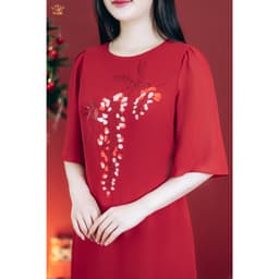 Thumbnail Đầm suông Trung Niên Cho Mẹ - Cổ tròn thêu hoa tay lỡ - Màu Đỏ đô - TTV Store thời trang nữ TTV1807 2