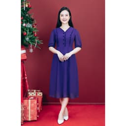 Thumbnail Đầm xòe trung niên cho mẹ - Cổ tim bèo kết nút tay ngắn - Tím huế - TTV Store thời trang nữ TTV1795 2