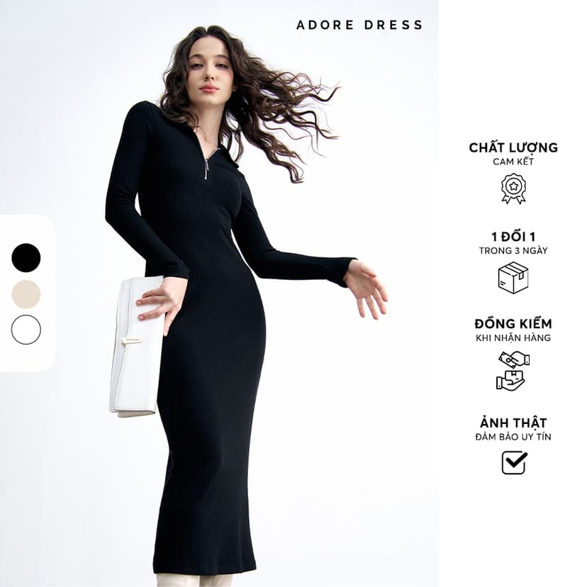 Ảnh 412DR9006 - Đầm len cổ polo len tăm nâu be/đen/ trắng ADORE DRESS 1