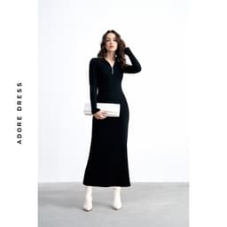 Thumbnail 412DR9006 - Đầm len cổ polo len tăm nâu be/đen/ trắng ADORE DRESS 2