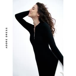 Thumbnail 412DR9006 - Đầm len cổ polo len tăm nâu be/đen/ trắng ADORE DRESS 3
