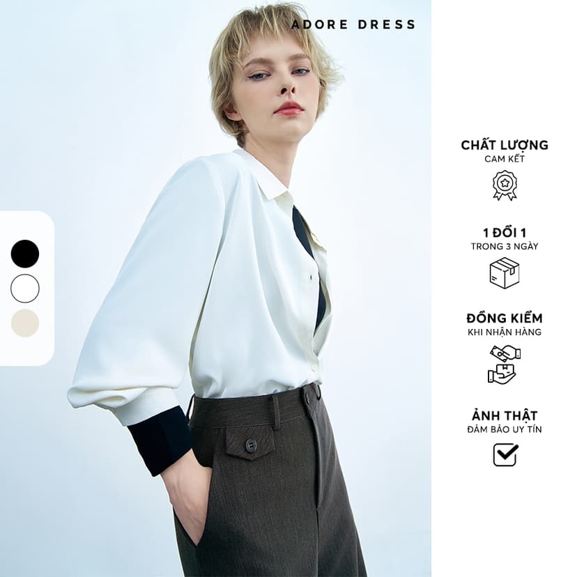 Ảnh 413SH0005 - Sơ mi basic lụa kem/ trắng/ xanh ngọc ADORE DRESS 1