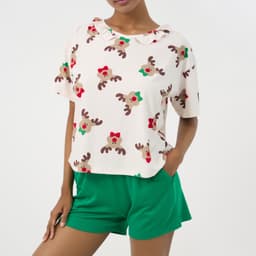 Thumbnail Bộ short thun thoáng mát, áo hình tuần lộc quần xanh lá, phong cách trẻ trung cho mùa Noel BST070W41 2