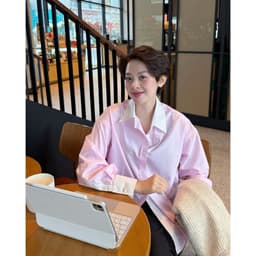Thumbnail Áo sơ mi nữ GILLEE phối cổ và tay áo trắng, dáng oversized, sơ mi form rộng vải kate lụa FAS351 3