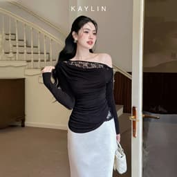 Thumbnail Áo kiểu KAYLIN tay dài lệch vai phối ren chất vải lụa thun mỏng nhẹ phong cách gợi cảm - N2363 2