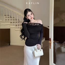 Thumbnail Áo kiểu KAYLIN tay dài lệch vai phối ren chất vải lụa thun mỏng nhẹ phong cách gợi cảm - N2363 4