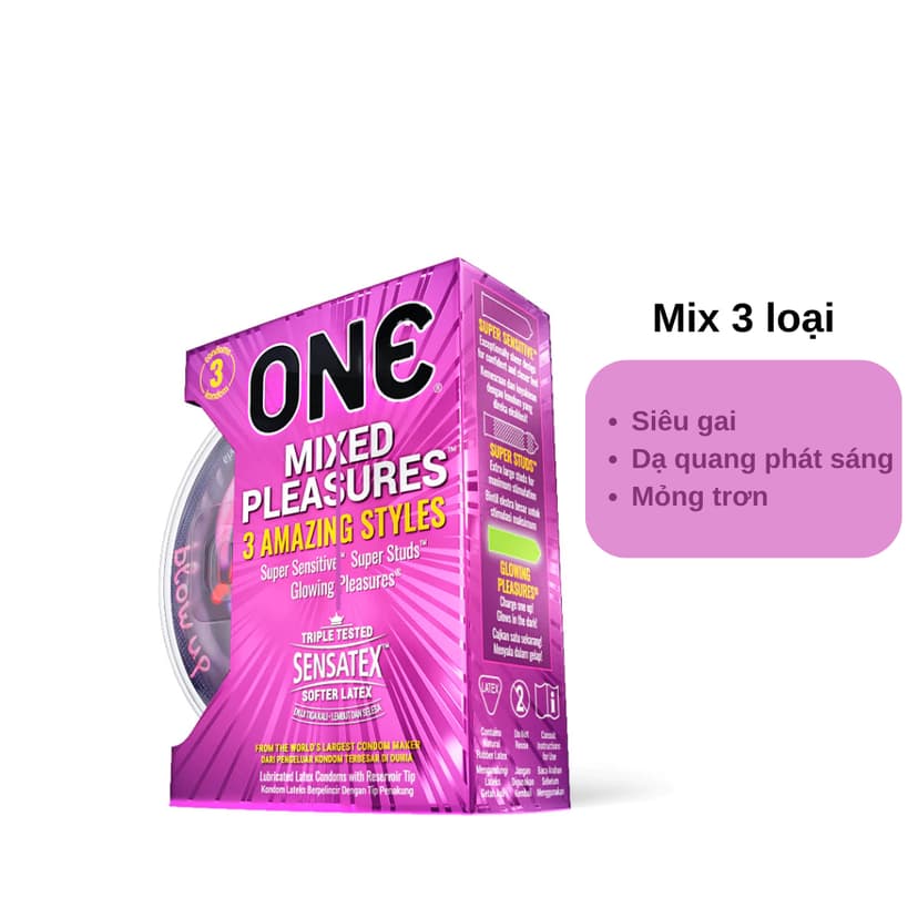 Ảnh Bao Cao Su ONE của Mỹ One Mixed Pleasuares Mix Nhiều Loại Có Bao Phát Sáng, size 53mm 2