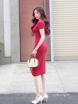 Thumbnail Đầm body nữ dáng dài tay ngắn cổ tròn nhún eo chất thun cotton 4 chiều co giãn Callene (L1481) 3