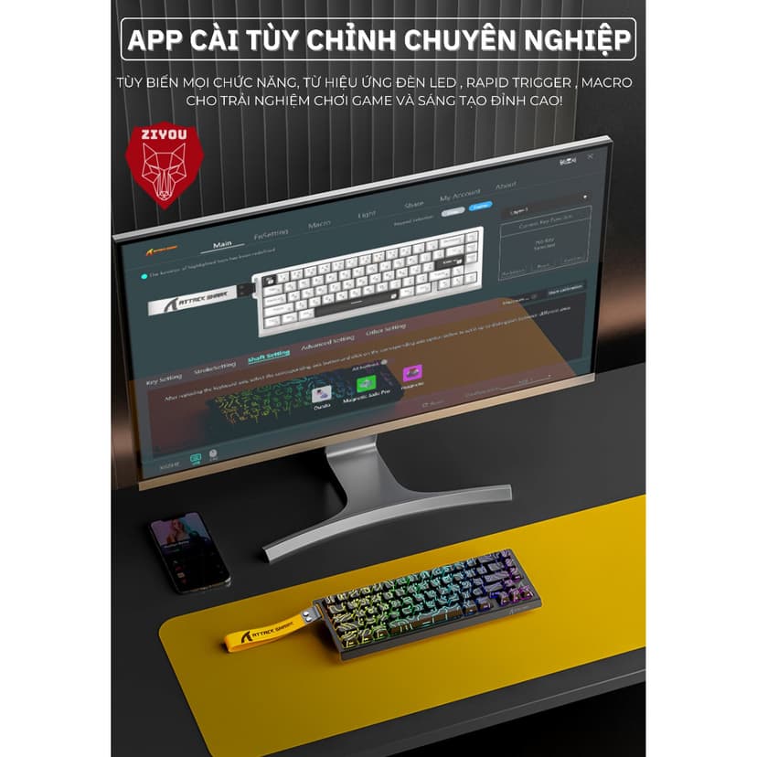 Ảnh Bàn Phím Cơ Rapid Trigger Ziyou Attack Shark X68 HE LED RGB Cao Cấp Chuyên Game 4
