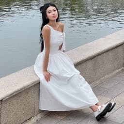 Thumbnail DOTTIE - Đầm midi lệch vai phối vải poplin - Trắng - D0679 4