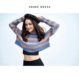 Thumbnail 412KN1001 - Áo len thiết kế len dệt kẻ ngang xanh be/hồng crop  ADORE DRESS 2