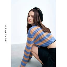 Thumbnail 412KN1001 - Áo len thiết kế len dệt kẻ ngang xanh be/hồng crop  ADORE DRESS 4