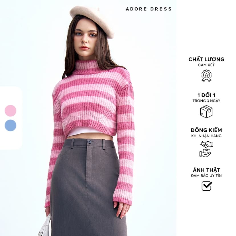 Ảnh 412KN1001 - Áo len thiết kế len dệt kẻ ngang xanh be/hồng crop  ADORE DRESS 1