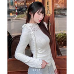 Thumbnail Áo thun dài tay LYRA, áo thun dáng ôm body cổ tròn cách điệu phối ren buộc nơ cổ nữ tính - LWNAO020 3