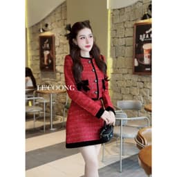 Thumbnail Set Dạ Tweed Dáng Ngắn Hai Màu Đỏ Nâu Phối Nhung LECOONG B175 Đầm Đẹp Tiểu Thư Sang Chảnh 2