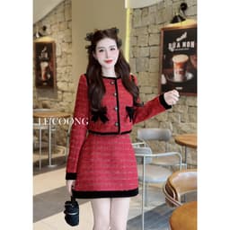 Thumbnail Set Dạ Tweed Dáng Ngắn Hai Màu Đỏ Nâu Phối Nhung LECOONG B175 Đầm Đẹp Tiểu Thư Sang Chảnh 4