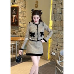 Thumbnail Set Dạ Tweed Dáng Ngắn Hai Màu Đỏ Nâu Phối Nhung LECOONG B175 Đầm Đẹp Tiểu Thư Sang Chảnh 3