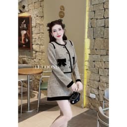 Thumbnail Set Dạ Tweed Dáng Ngắn Hai Màu Đỏ Nâu Phối Nhung LECOONG B175 Đầm Đẹp Tiểu Thư Sang Chảnh 1