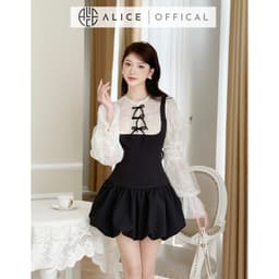 Thumbnail Váy Đầm Tiểu Thư Dáng Bí Alice Chất Chéo Rubi Cao Cấp Phối Ren Cổ Đính Nơ, Tay Áo Xòe Bồng 3 Tầng V1298 2