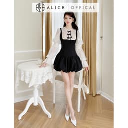 Thumbnail Váy Đầm Tiểu Thư Dáng Bí Alice Chất Chéo Rubi Cao Cấp Phối Ren Cổ Đính Nơ, Tay Áo Xòe Bồng 3 Tầng V1298 4