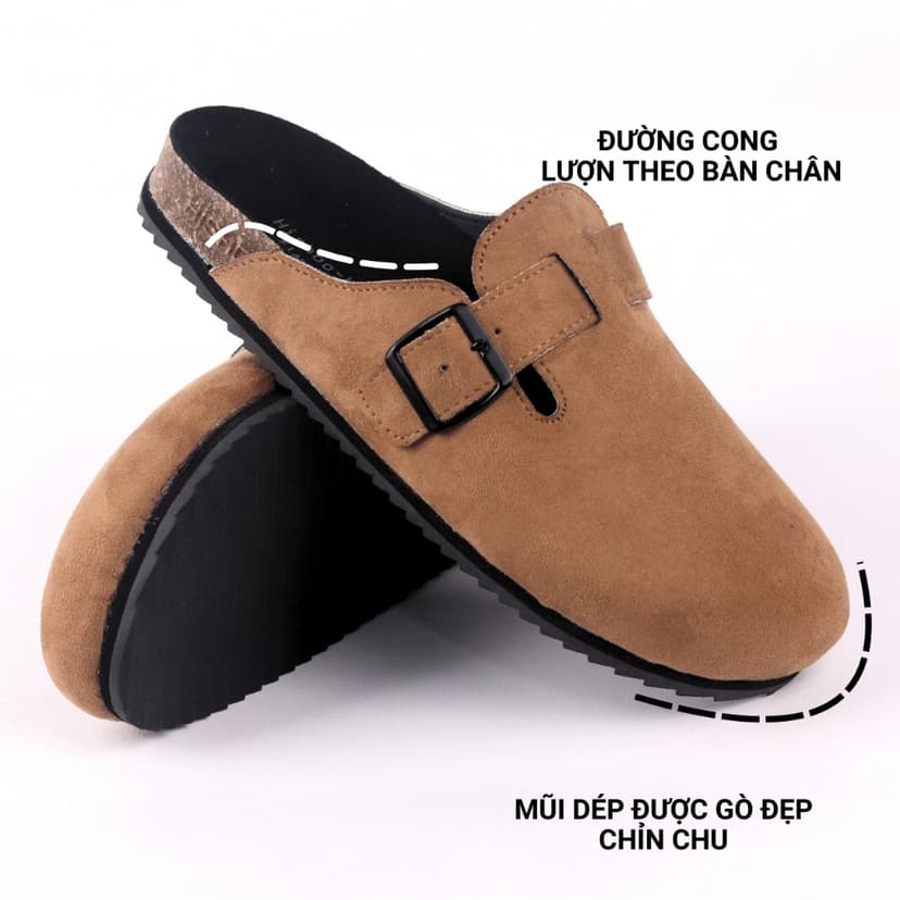 Ảnh Dép đế trấu sục Boston nam nữ unisex quai ngang da lộn (Xám/ Kem/Bò) đi học công sở bigsize chính hãng Hishoo VNXK R109 3